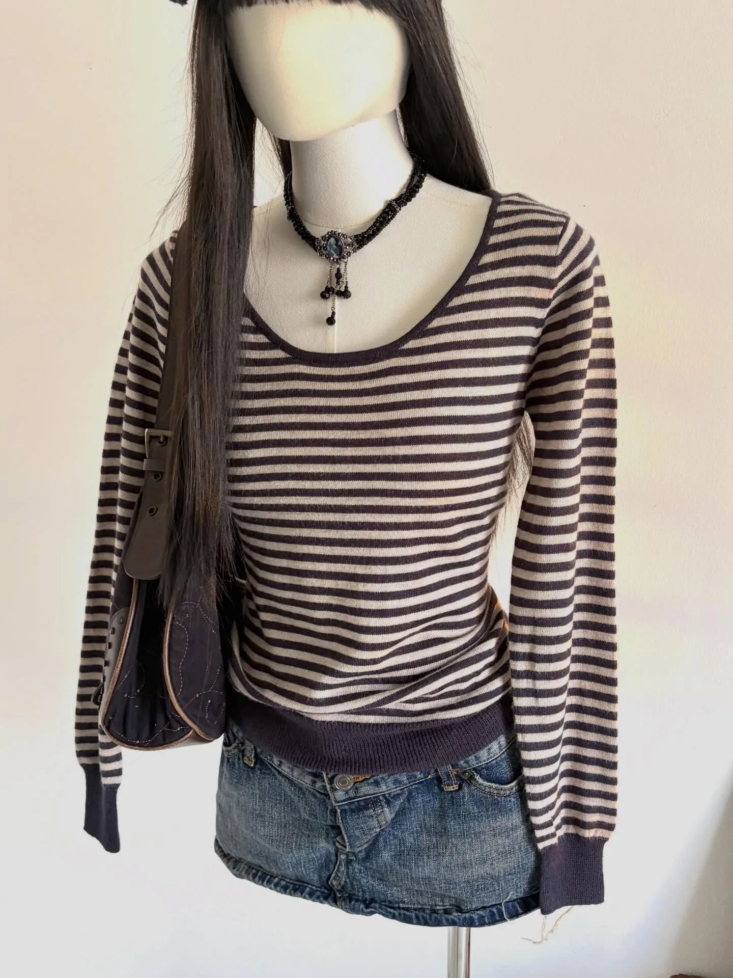 Grunge Vintage Women Striped Knitted Top U‑Neck Long Sleeve Slim Fit Y2K Retro Basic Casual Fitted Sweater
