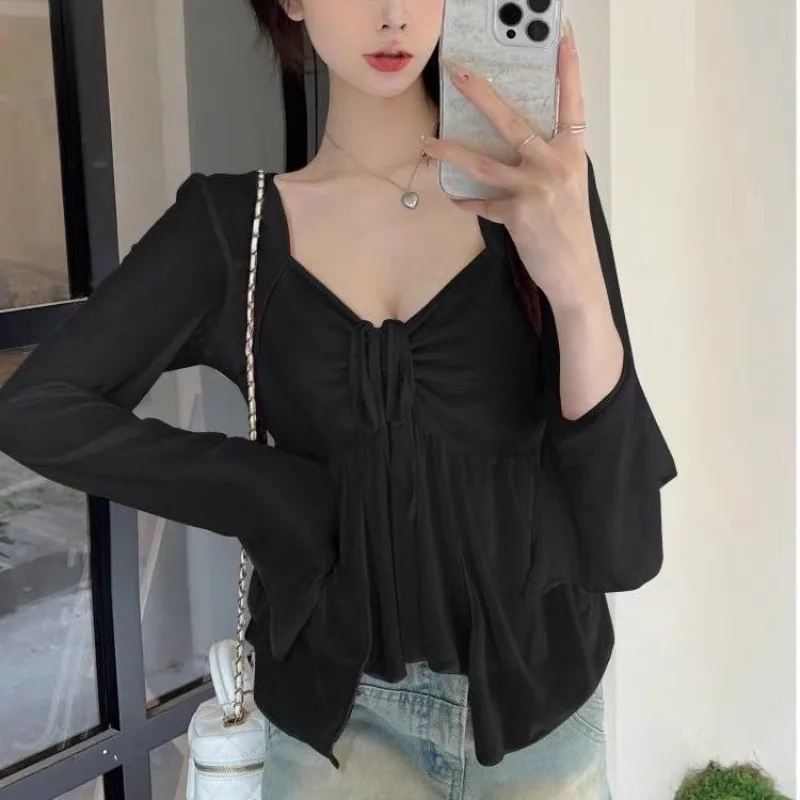 Irregular T-shirts Women Long Sleeve V-neck Summer Solid Korean Fashion Ulzzang Pretty Sexy Sweet Girls Daily Casual Tender Tops