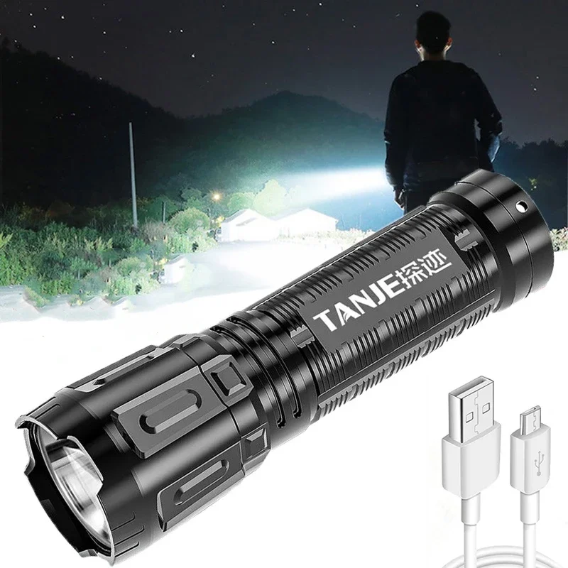 Strong Bright Mini LED Flashlight USB Rechargeable Built Battery Outdoor Multi-function Long-range Tactical Camping Flashlight