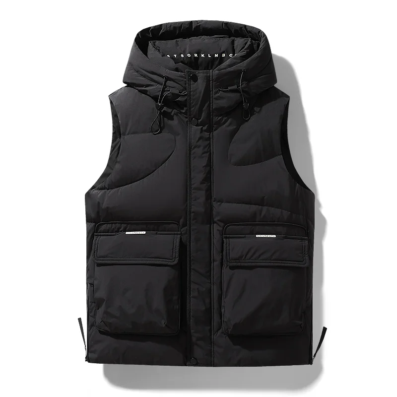 Outdoor tooling down vest, autumn and winter large pockets thickened warm hooded vest coat, 2024 youth sleeveless vest