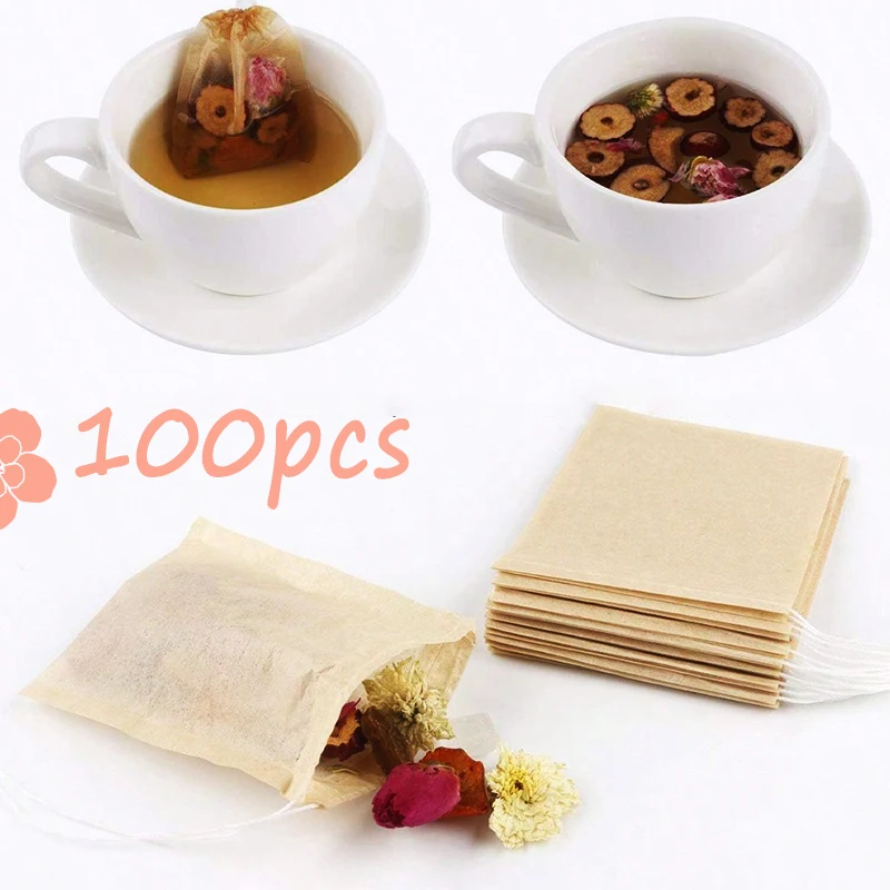 100PC Einweg Teebeutel Papier Kordelzug Kaffee Infuser Teebeutel Natürliches Holzzellstoff Papier Tee Filterbeutel Blumentee Filterbeutel