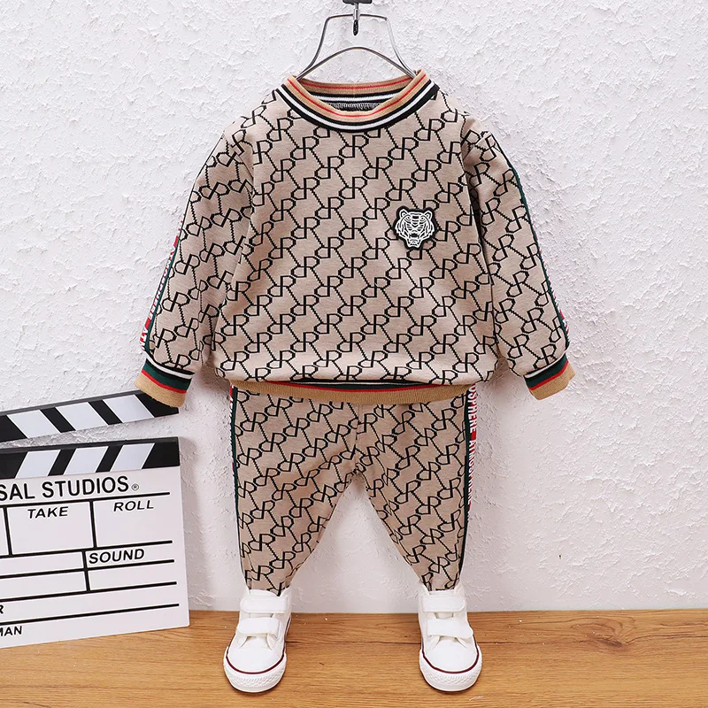 Children Set Spring and Autumn New Boys\' O-neck Contrast Color Letter Printed Cotton Pullover Long-Sleeve Casual Two-Piece Sets