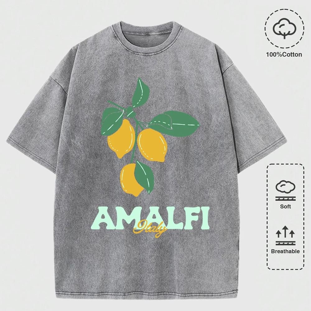 

Amalfi, Италия, лимонные фрукты, стираные футболки, женские хлопковые футболки с круглым вырезом, свободная летняя одежда Y2K, разноцветные мягкие топы