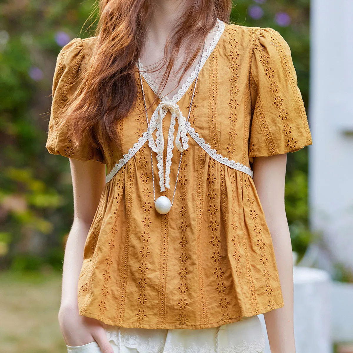 LOUIS YAO New Patchwork Lace-up Women's Shirt 2025 Spring Blouses Sweet Hollow Out Tops Lace V-Neck Bubble Sleeve Shirt 