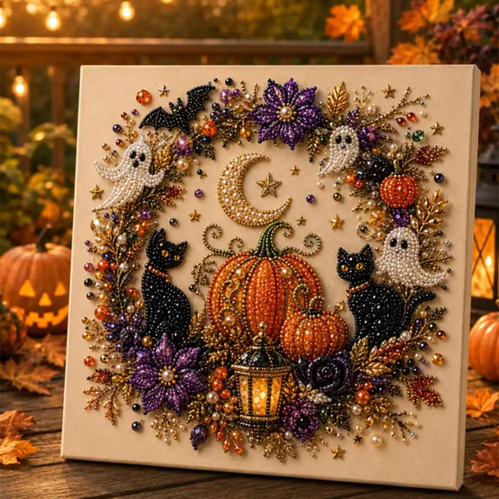 Kit de Peinture Diamant Perle DIY Halloween Encadré 20x20cm, Kit d'Art Diamant Perle pour Adultes, Décoration Maison