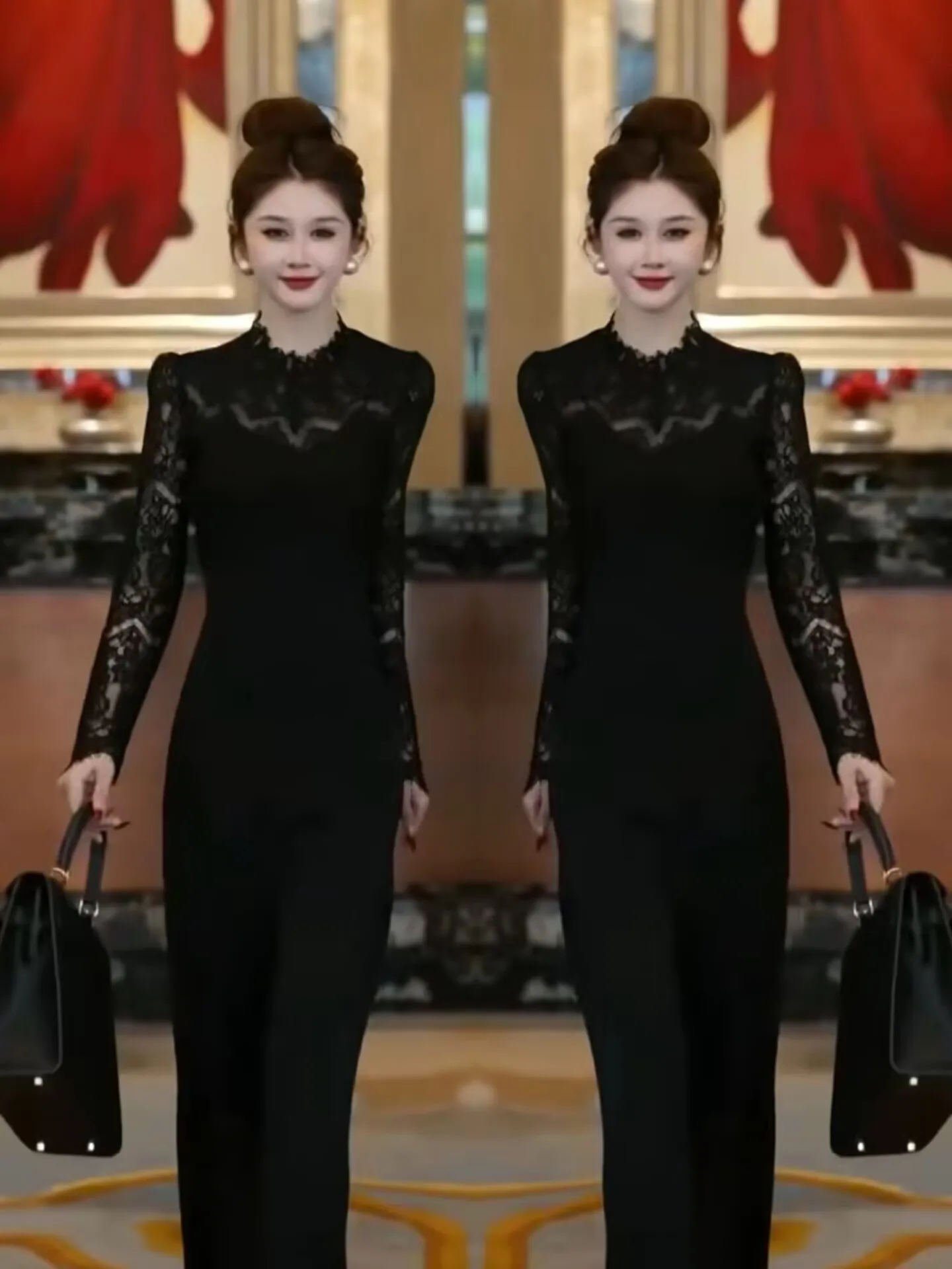 

Ele Casual Versatile High Waist Long Pants One-Piece Suit Women's round Ne Slimming Faionable Autumn 2025 New Arrival