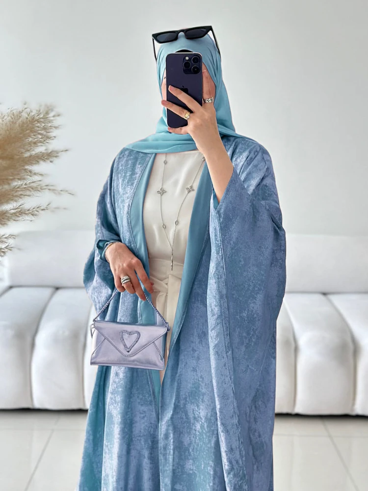 Eid Sliky Abaya na muzułmański strój imprezowy damski Ramadan Abaya rękaw w kształcie skrzydła nietoperza pas marokański Kaftan Vestidos Largos