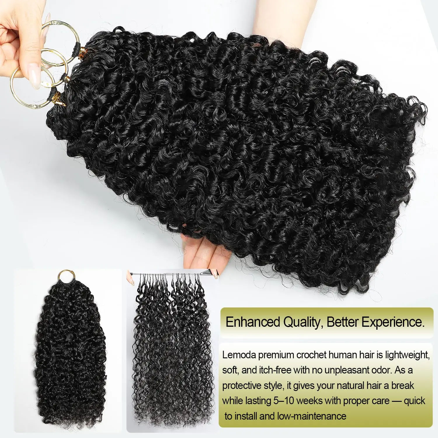 Lemoda Burmese Curly Feather Crochet Human Hair Extensions 60g Pre-Separated Pre-Separated & Pre-Fluffed Human Crochet Hair For Women Lightweight Reusable Natural Color