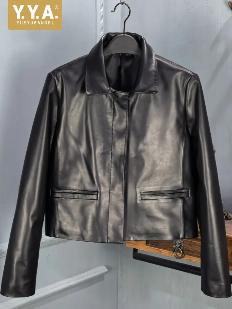 春の女性の本革ジャケットヴィンテージターンダウンカラーリアルシープスキンブラックショートコートシングルブレストカジュアルアウター