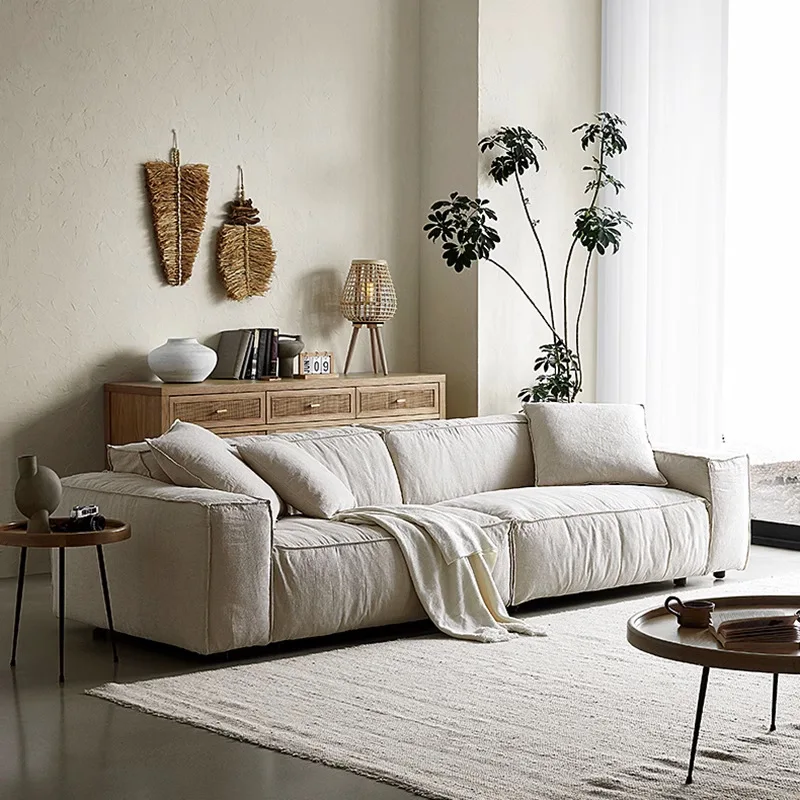 

Nordic wabi style linen fabric sofa small apartment living room tofu block three-person straight row down retro sofa