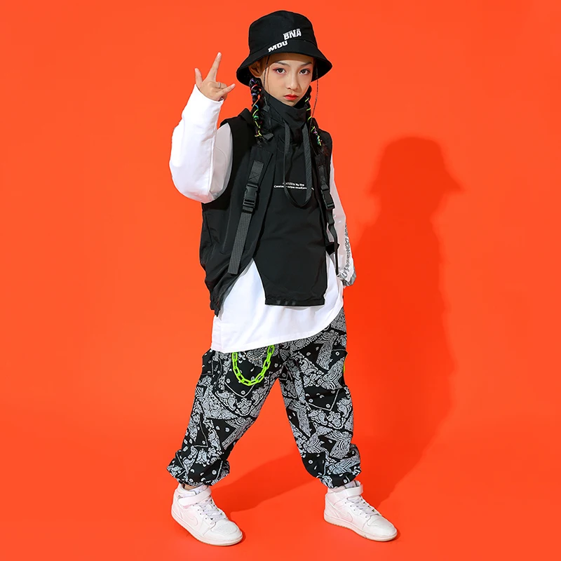 Nieuwe Kids Hiphop Dance Kostuum Jongens Meisjes Jazz Performance Kleding Zwart Vest Print Broek Losse Street Dance Kleding Bl7224