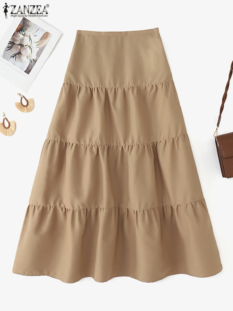 

ZANZEA модные женские длинные юбки с высокой талией и рюшами, юбка трапециевидной формы, лето 2022, повседневные однотонные макси-плавки с эластичной резинкой на талии, большие размеры