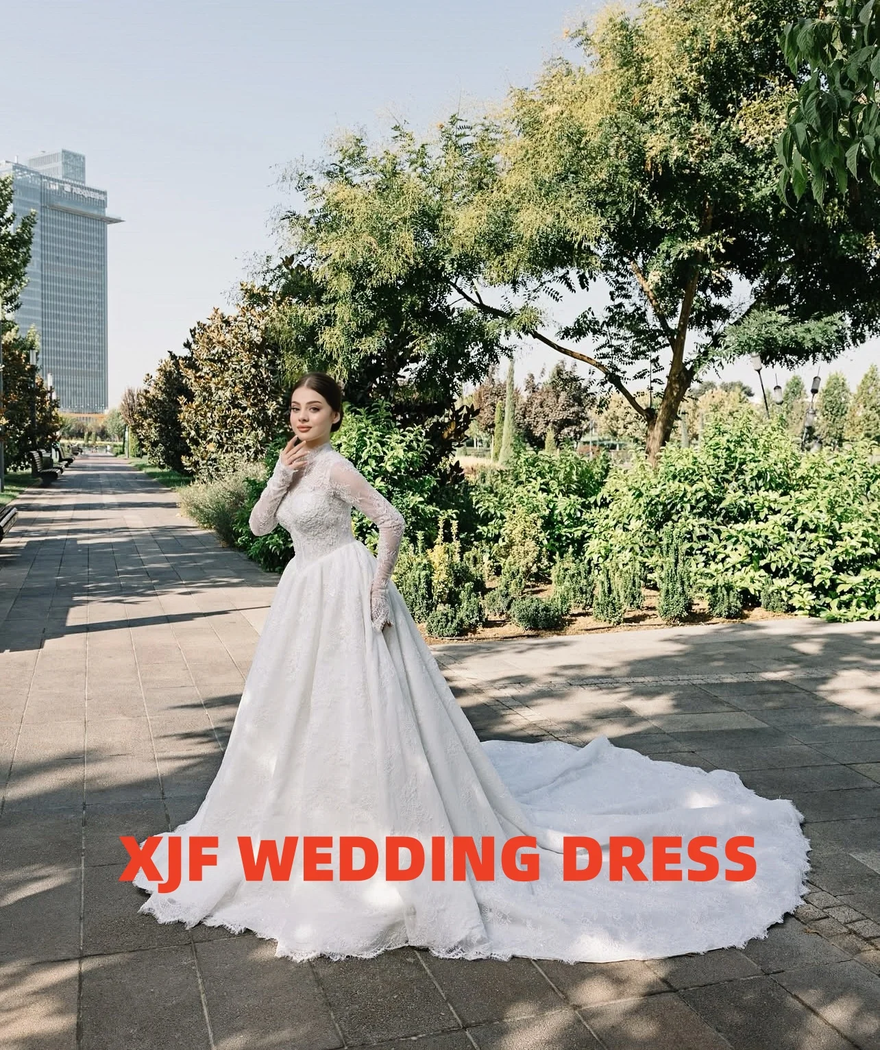 Robe de bal personnalisée en dentelle, col haut, manches longues, élégante, amanda novias, robe de mariée amanda