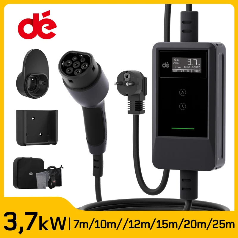 dé Chargeur Portable Rapide pour Véhicule Électrique de Type 2, Câble de 7m, 10m, 15m, 20m et 25m, Écran LED 16A IP66 Étanche 1.5X 3.7kW