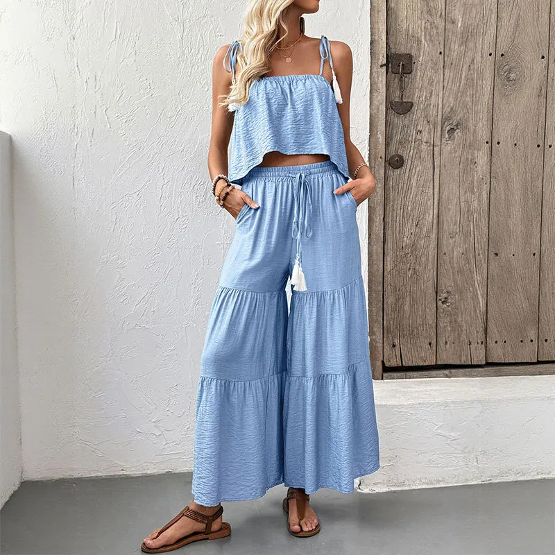 Pant Set Women Two Piece Sets Sling Matching Sets Casual Short Tops Wide Leg Long Pants High Waist Y2k Streetwear Elegant Summer