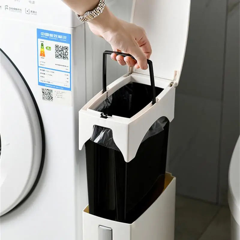 2 In 1 Integrated Garbage Bin Toilet Brush Set Press Pop-Up Trash Can With Toilet Brush Bathroom Accessories Home Storage New