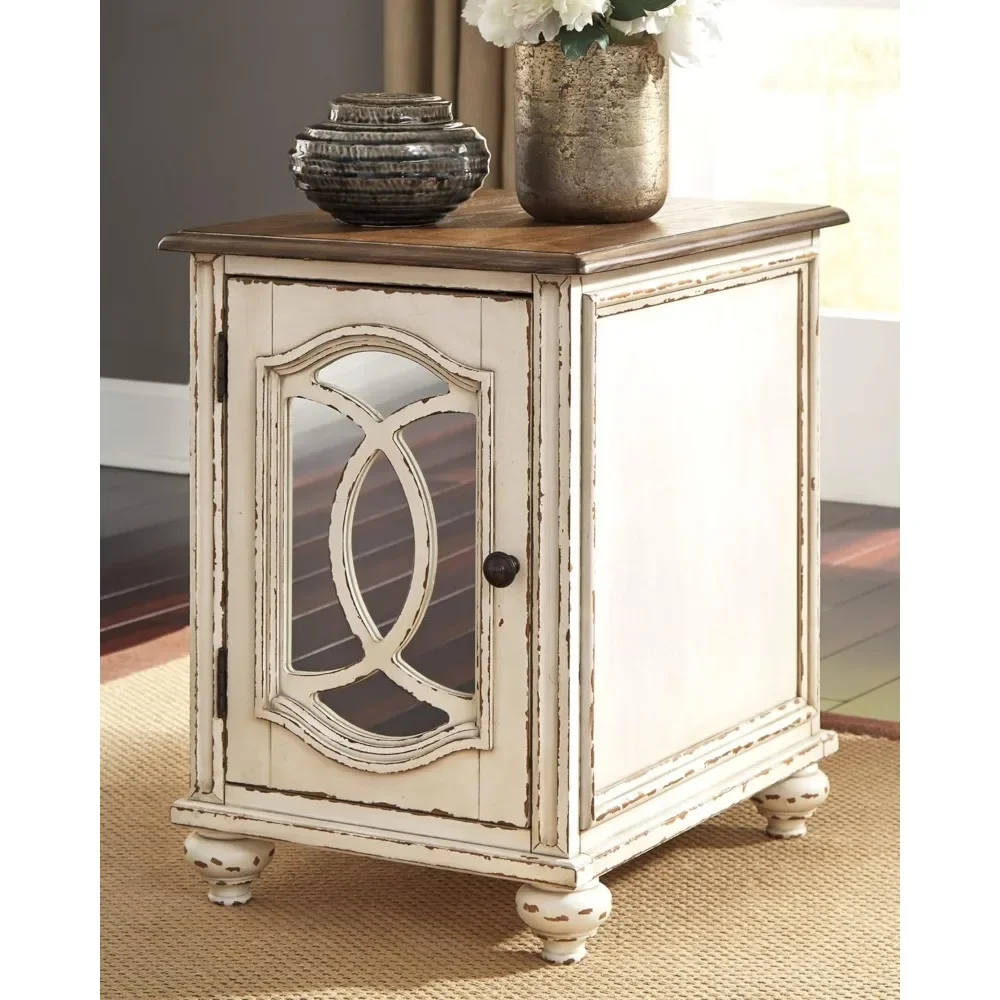 Farmhouse Chair Side End Table With Cabinet For Storage Auxiliary Tables Basses Antique White & Brown Freight Free Furniture