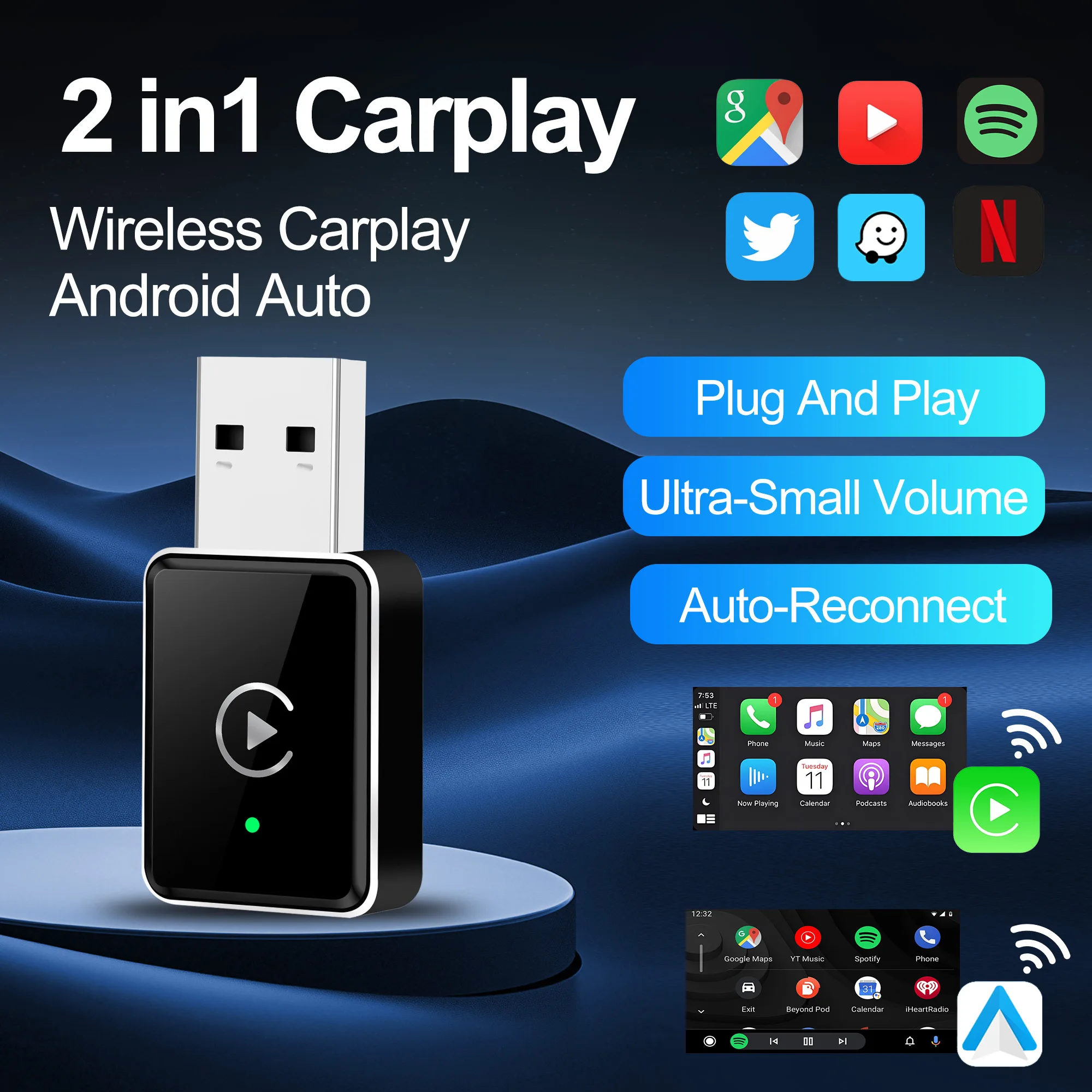 2025 جديد محول Carplay اللاسلكي أندرويد السيارات 2in1 صندوق صغير ذكي واي فاي BT السيارات الاتصال لتويوتا أودي بنز كيا بورش فورد