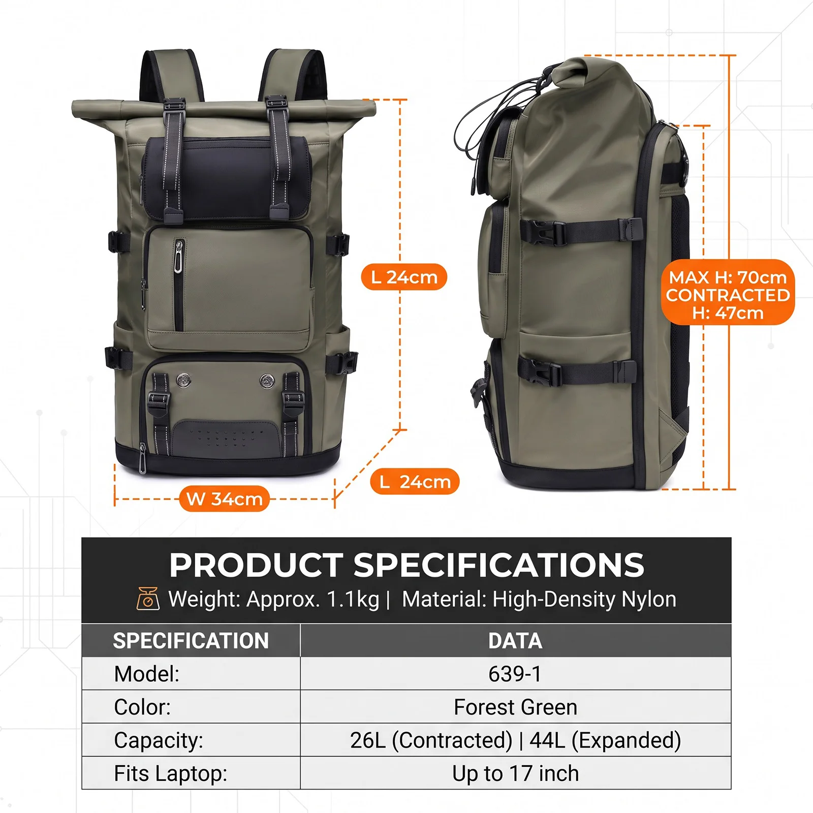 Obrázek 4: Multifunkční velký schopnost batoh pro muži, 17-inch notebook podnikání cestovní brašna, outdoorové kemping tramping batůžku s USB levý bok lodi