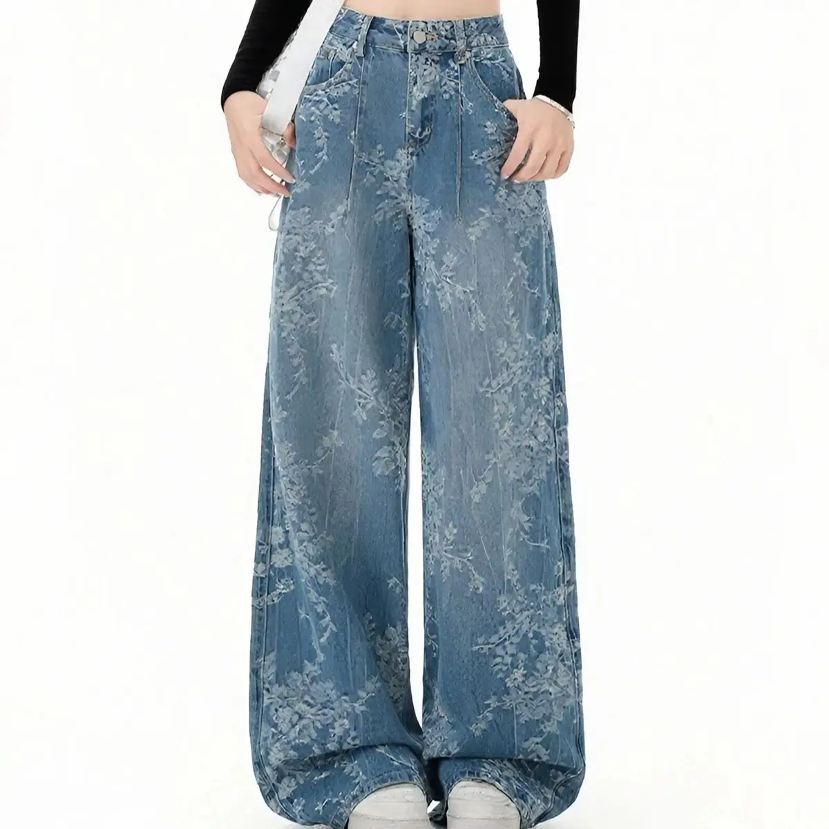 

CHIC Women's Jeans Jacquard Retro Floral Embroidery Denim Pants Fashion High Waist Straight Wide Leg Trousers Female Trendy