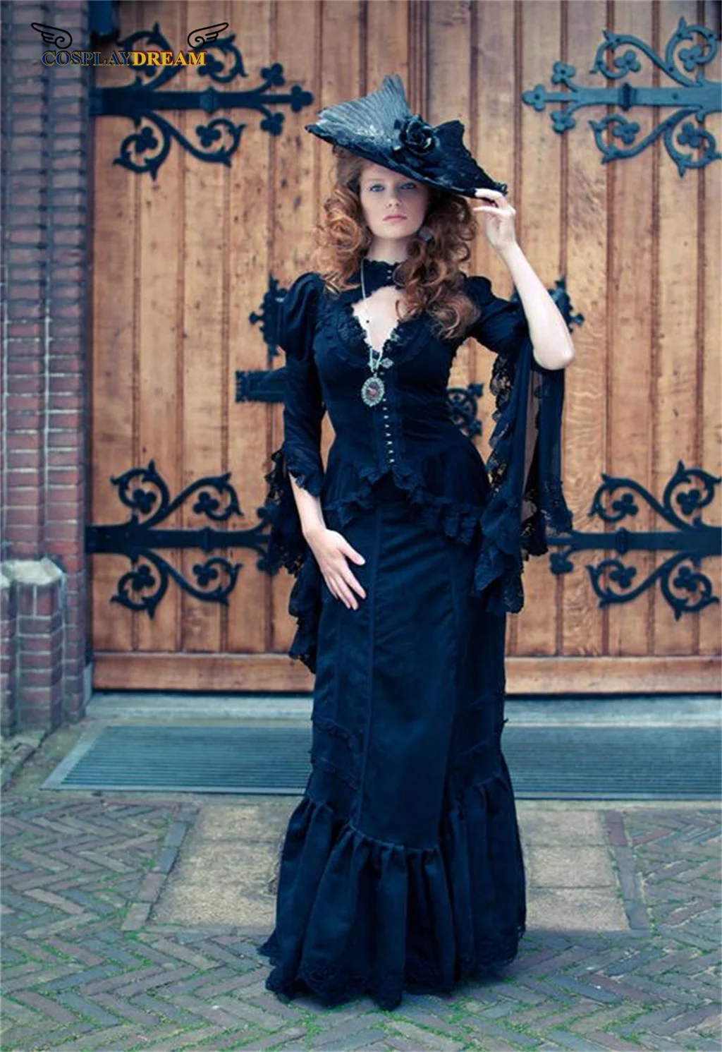 Victorian Black Mermaid Wedding Dresses Gothic Steampunk Vampire Ball Gown Black place up corset Ruffles Floor Length Retro gown