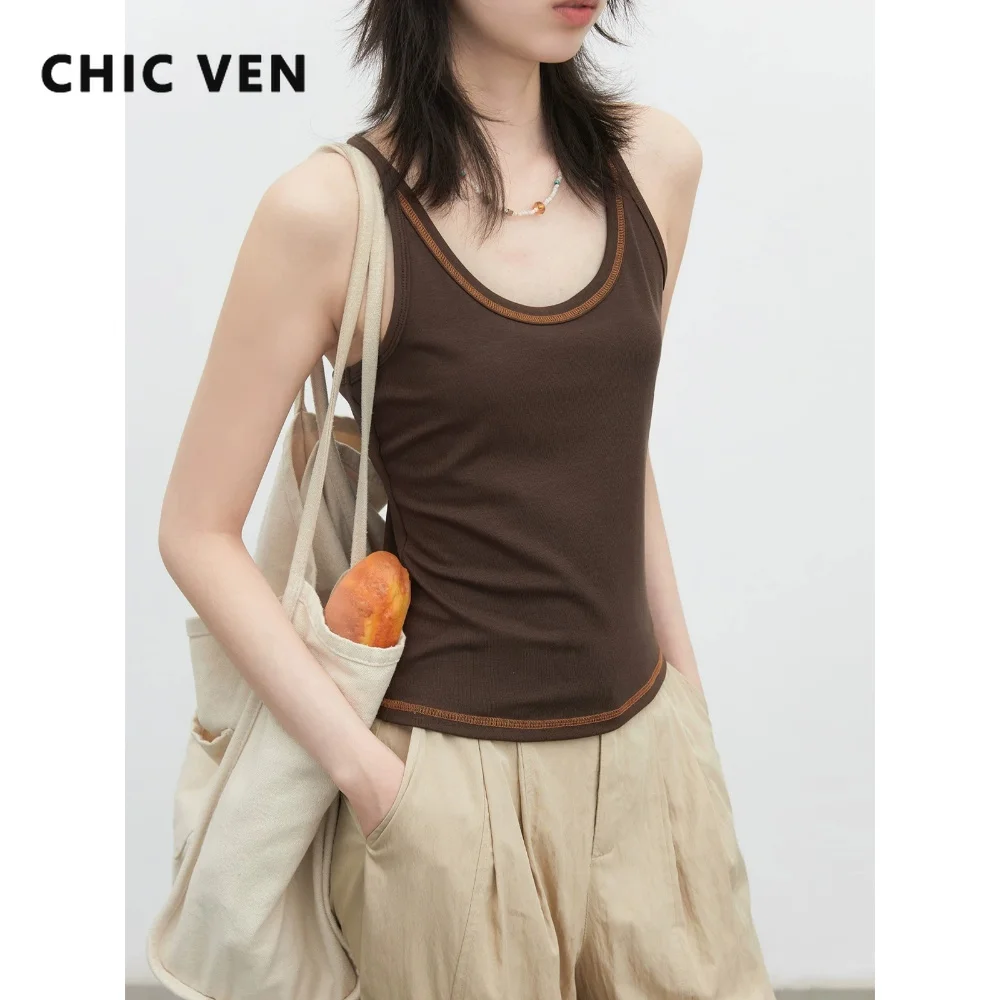 CHIC VEN Fashion Women Tees Casual U Neck New Slim Ribbed Contrasting Stitching Female Tank Top Summer 2026