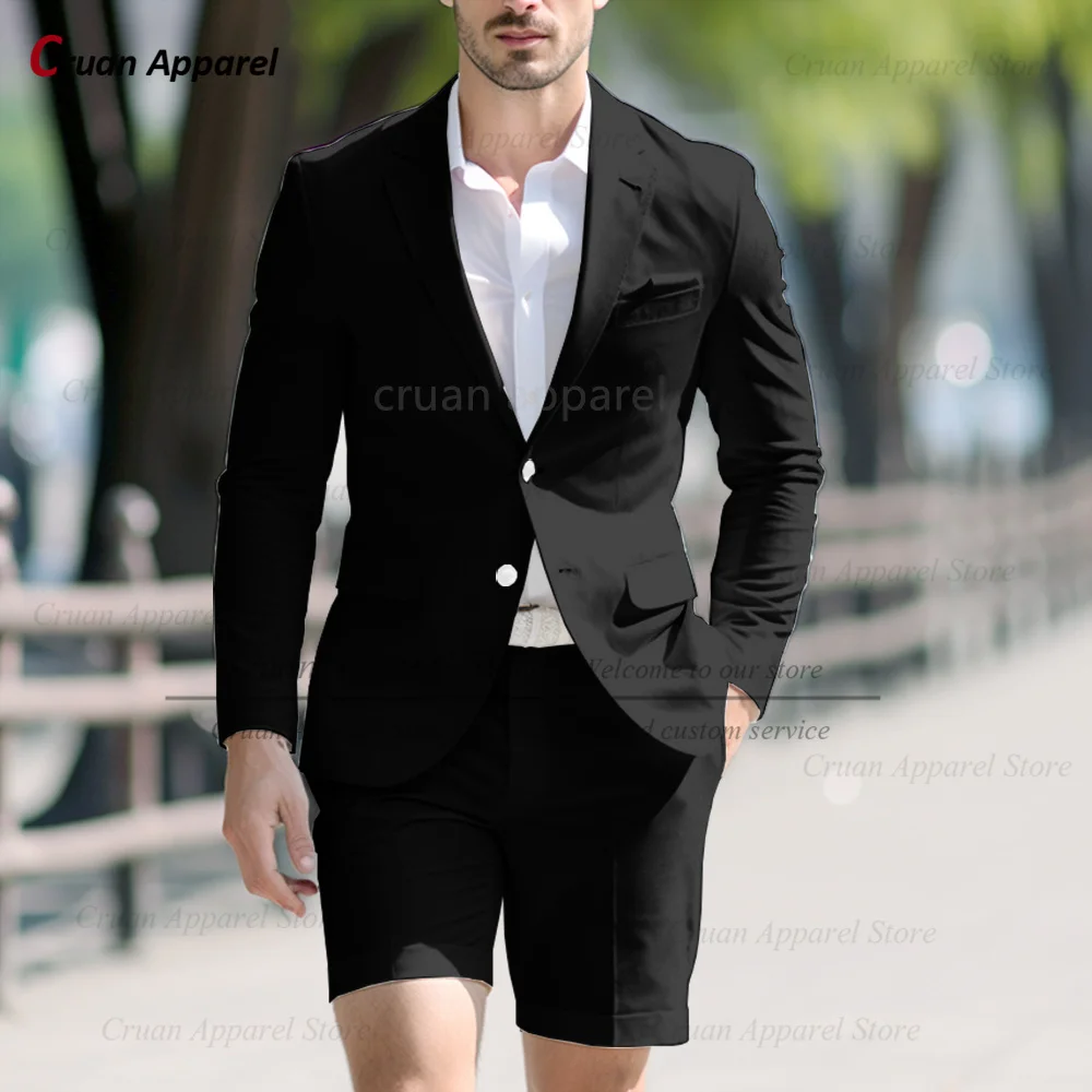 Fashion Men Solid Suit Sets Tailor-made Classic Single Breasted Blazer Short Pants Two Pieces Summer Slim Fit Male Costumes