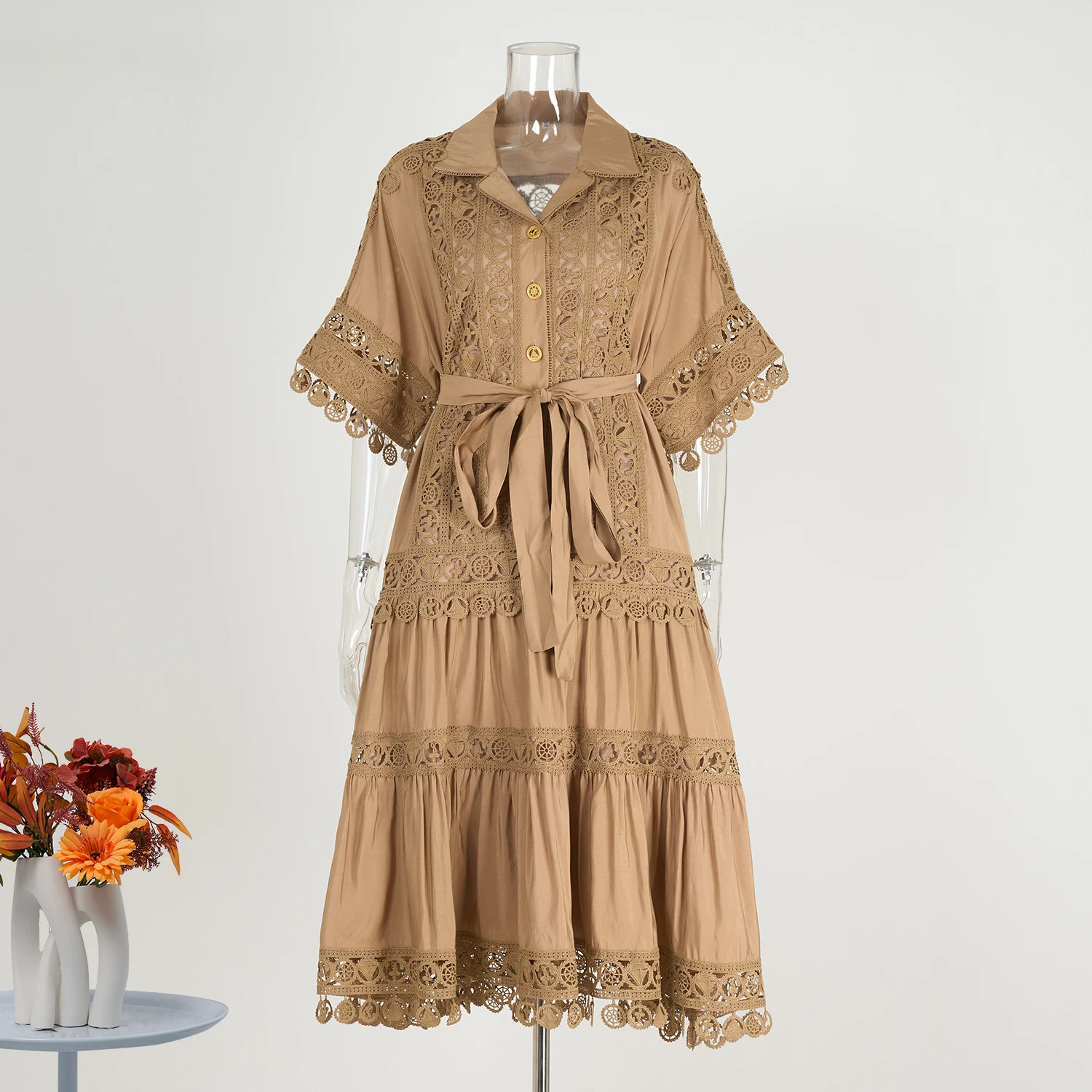 Runway 2025 Summer Lace Embroidery Short Sleeve Holiday Beach Dress Women's Hollow Out Lace Trim Evening Prom Party Vestido Robe