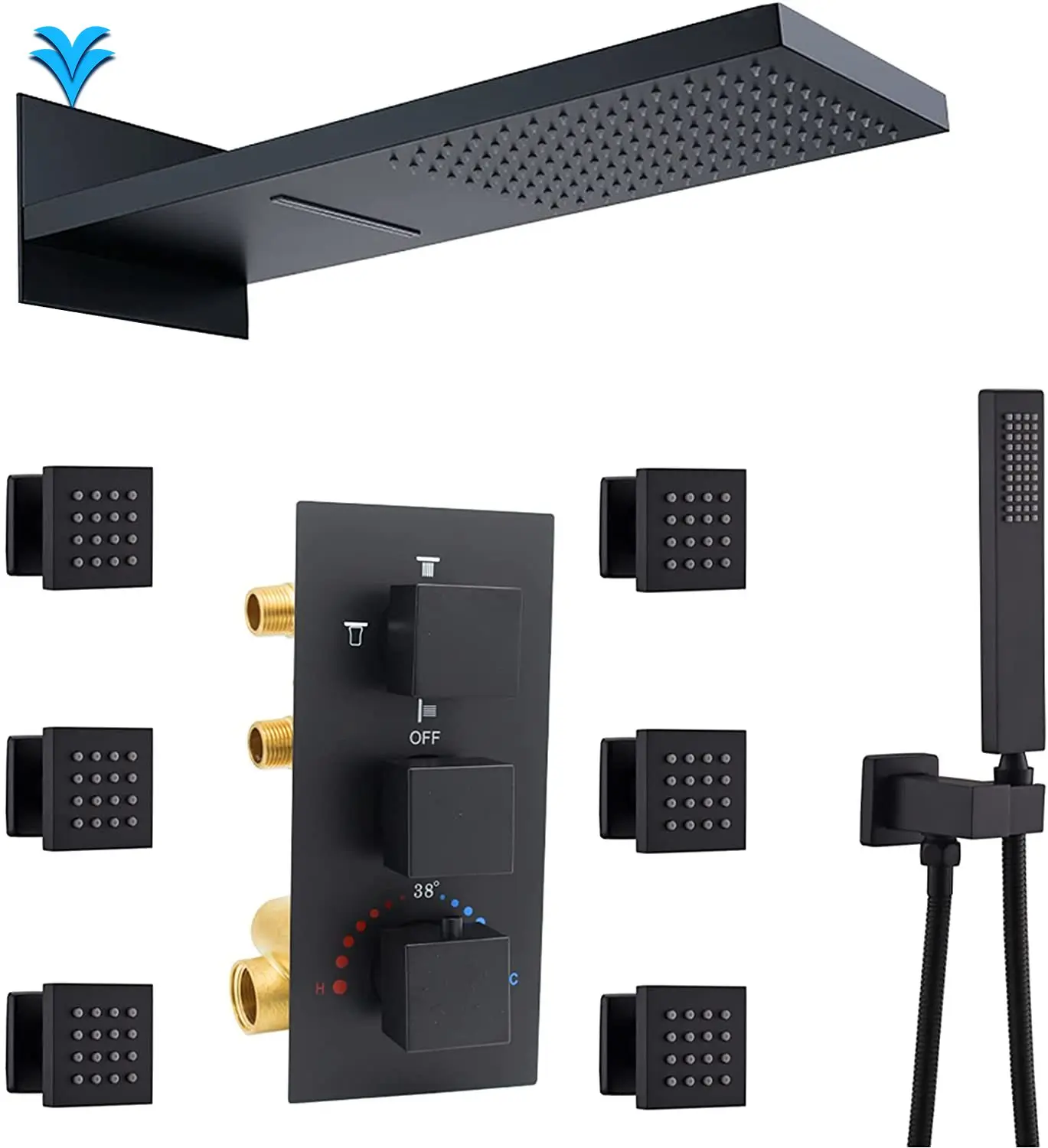 

Thermostatic Shower Panel Dual-function Rainfall Shower Head with Body Jet and Handheld Sprayer, Solid Brass Shower Faucet Sets