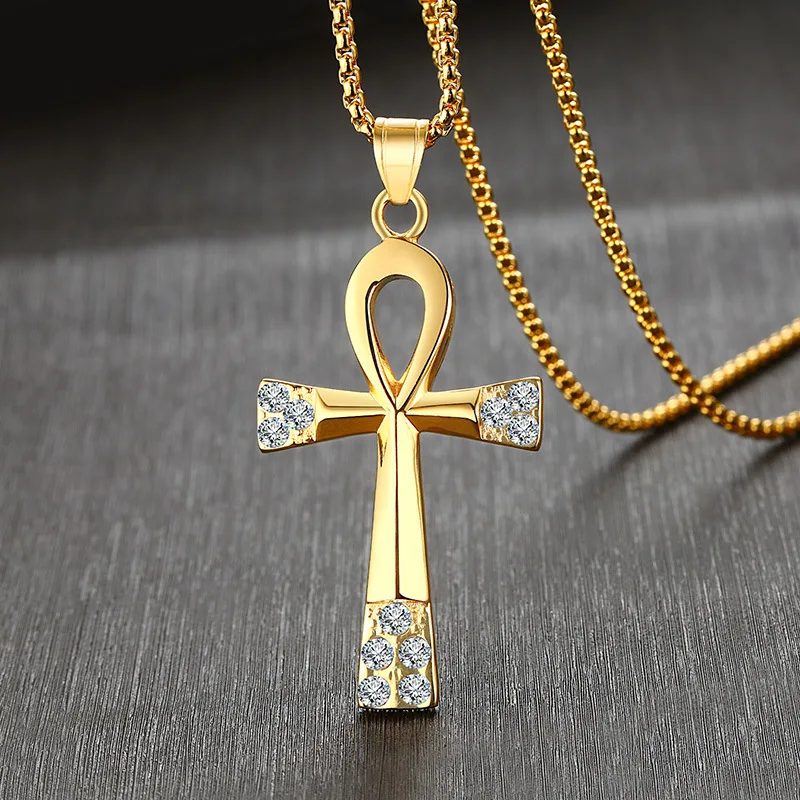 Stainless Steel Rhinestone Crystals Anka Cross Pendant Egyptian Cross Necklace Rolo Chain 3mm 24''