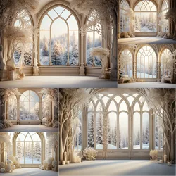 Winter Christmas Photography Background Window Forest Snow Xmas Kids Family Party Portrait Decor Backdrop Photo Studio Props