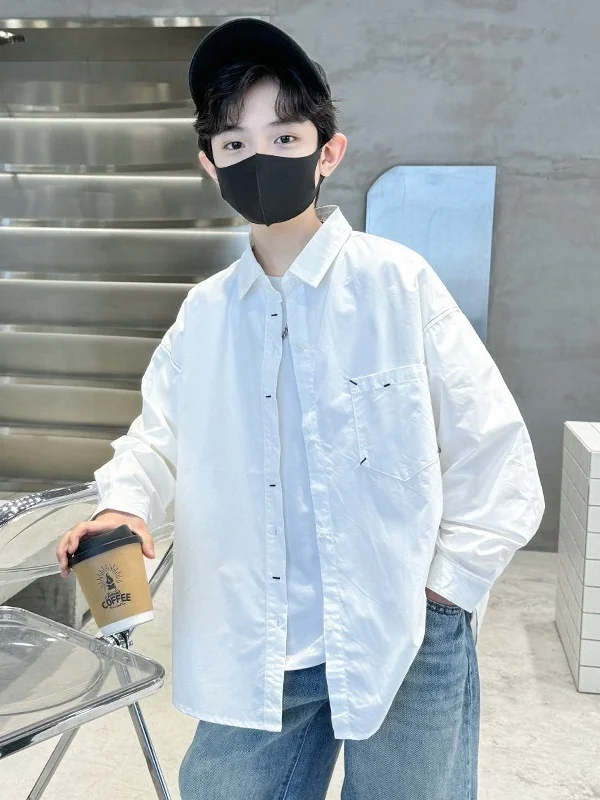 boys-spring-fashion-long-sleeve-casual-shirt-stylish-student-top-breathable-comfortable-white-color-children's-clothing