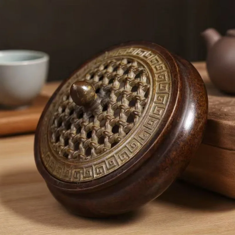 

Vintage copper bamboo woven lid incense burner with smooth flat bottom small incense burner handicraft decoration