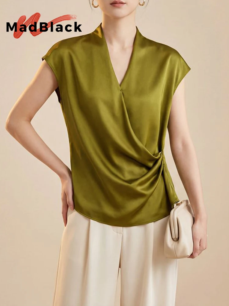 

MadBlack-100%Real Silk Satin Plain Elegant T-Shirt, V Neck Short Sleeve, Women Solid Casual Thin Top, 2026 Summer New T65413CC