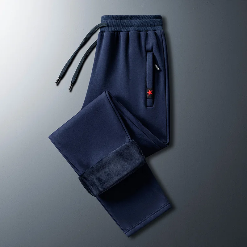 Men's Autumn Winter Flocking Solid Elastic High Waist Pockets Zipper Geometric Shape Casual Loose Sports Trousers Fashion Pants