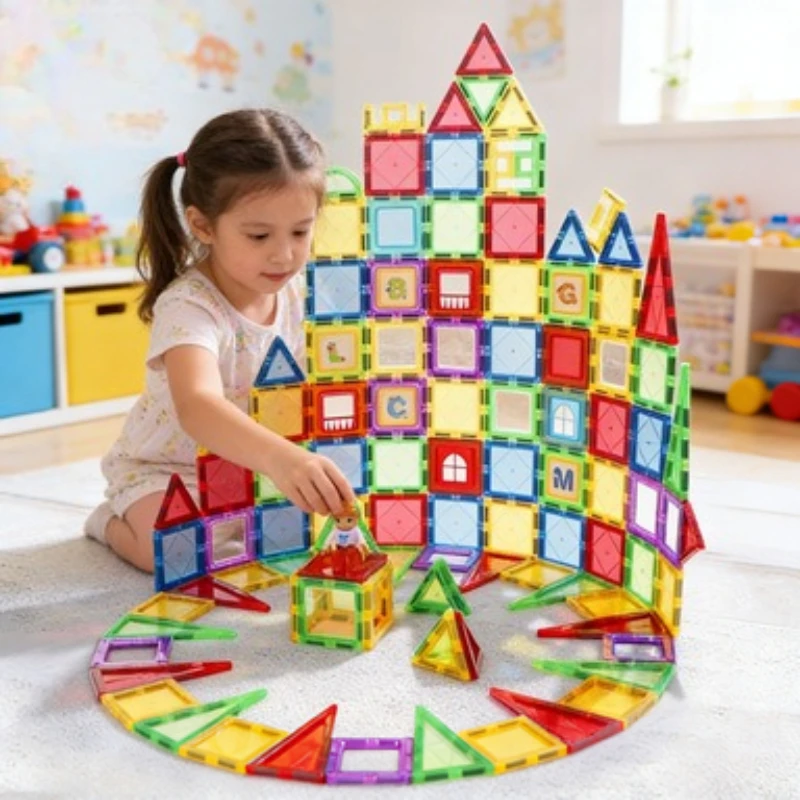 Transparent Light Magnetic Tiles | Brain Puzzle Magnetic Blocks | Kids 3D Color Window STEM Educational Assembly Toy