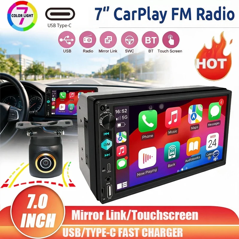 7IN Car Stereo with Dynamic Trajectory Backup Camera, Wireless BT & Wired Mirror Link, Support USB/TF Card/Aux/Type-C