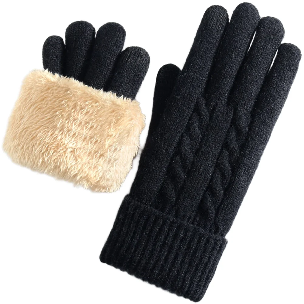 Knitted Gloves for Women Winter Fleece Lined Warm Thick Wind Resistant Compatible Outdoor Riding Gloves Black Grey
