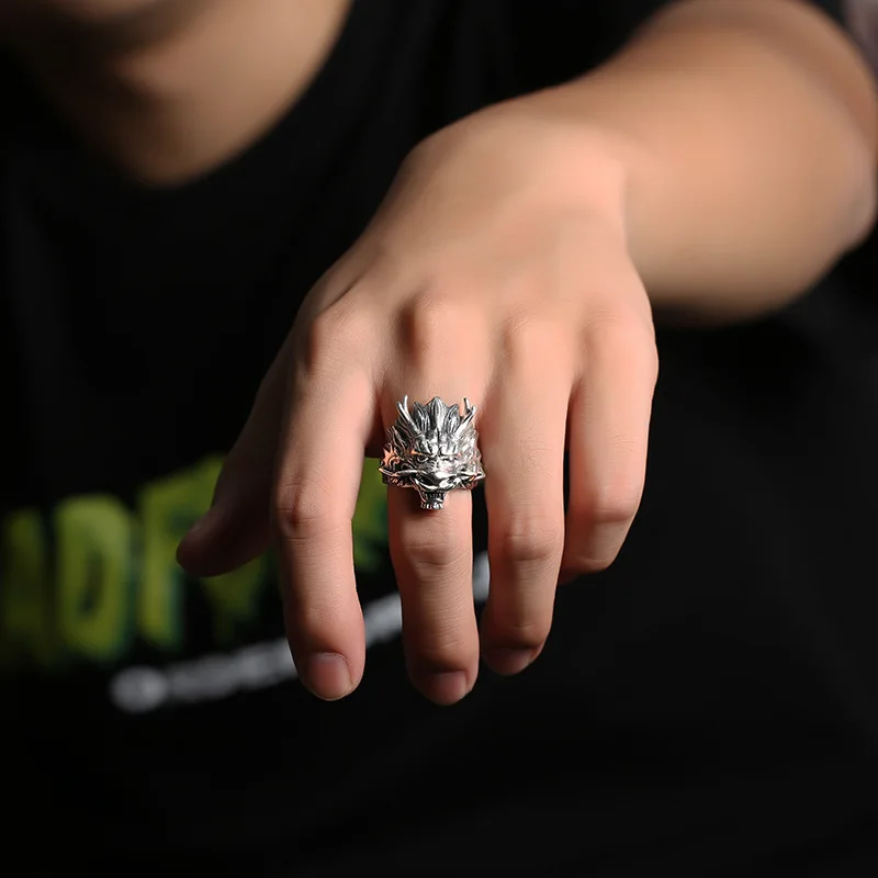 QEENKISS 925 Sterling Silver Vintage Adjustable Dragon Head Rings for Men Wedding Party Birthday Christmas Father Gifts RG6716