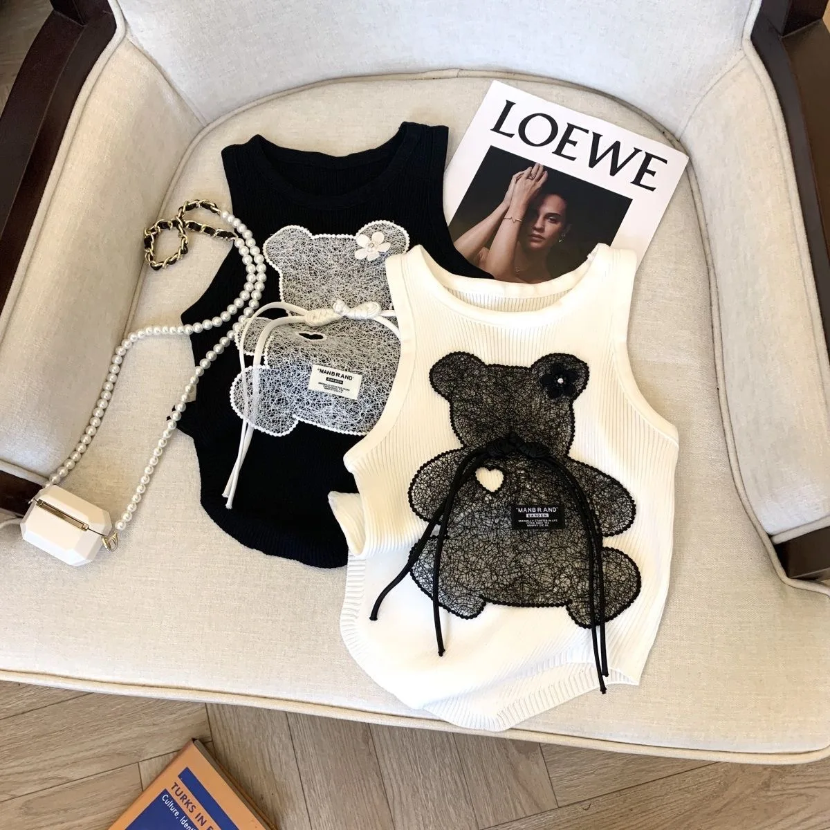 

Spring And Summer New Casual Round Neck Loose Cartoon Women's Sleeveless Spaghetti Strap KnittedVest Fashion Short T-Shirt