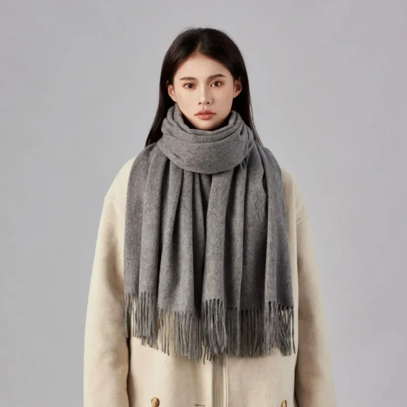 Luxury100% Pure Wool Scarfs Women Autumn Winter Minimalist Fringe Ends Warm Shawl Fashion Classic Large Size 200cm Simple Scarf