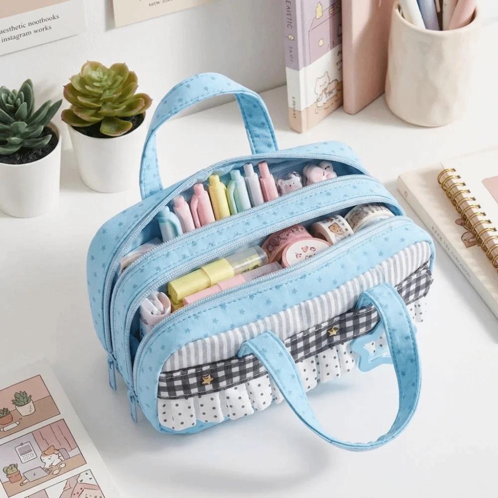 Creative Polka Dot Pen Bag Polka Dot Printed portable Handheld Pencil Case Multi-Layer Durable Pencil Organizer