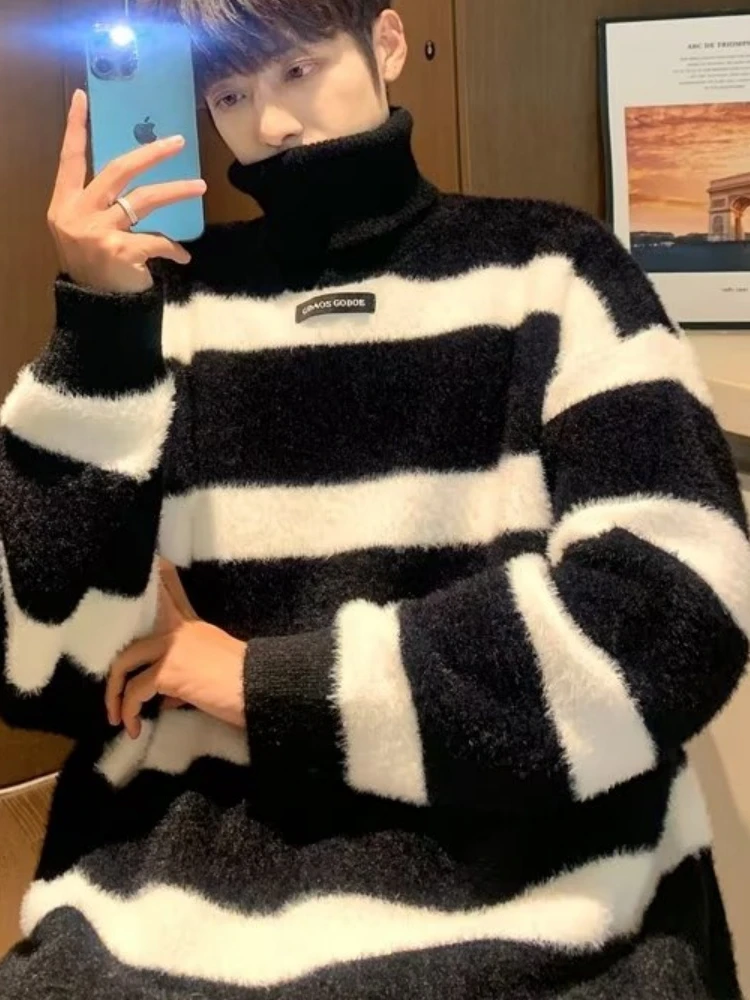 

Удобный мужской вязаный свитер с высоким воротником из меха норки, весенне-осенний, свободный, повседневный, теплый, в полоску, вязаная кофта-пальто