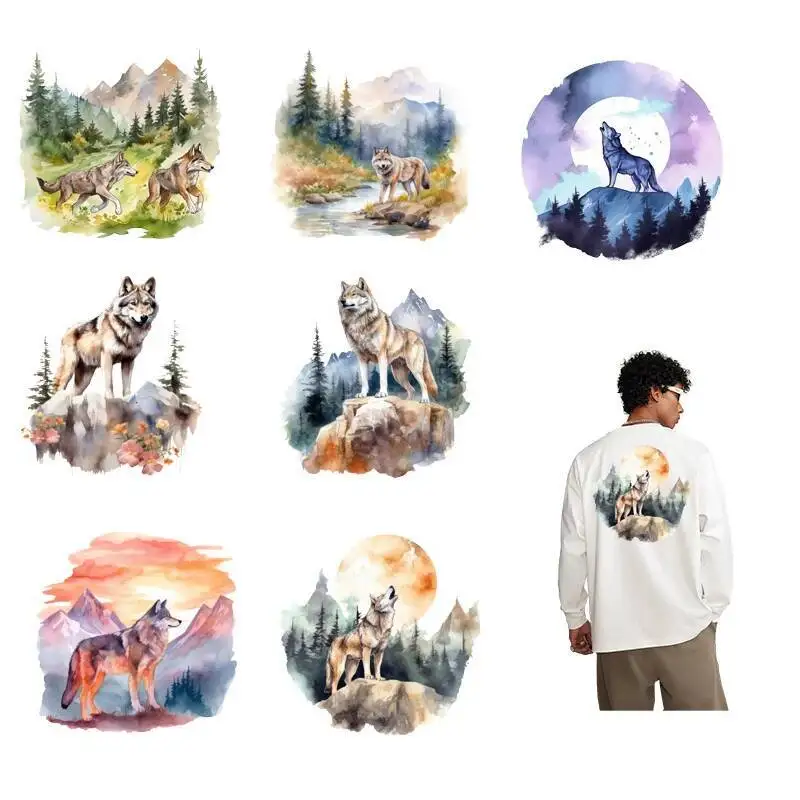 25cm handsome watercolor forest wolf heat transfer T-shirt with DIY decorative stickers, neutral stickers, and washable stickers