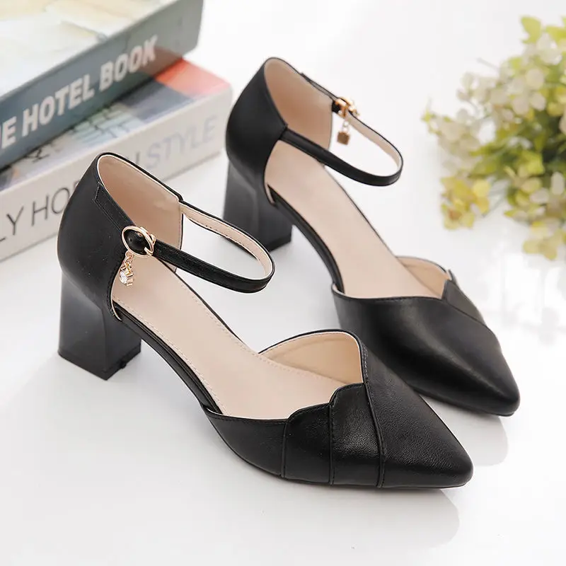 FHC Women High Heels,Soft PU Leather Office Work Shoes,Spring Pumps,Ankle Buckle,Shallow Out,Pointed Toe,Black,Beige,Dropship