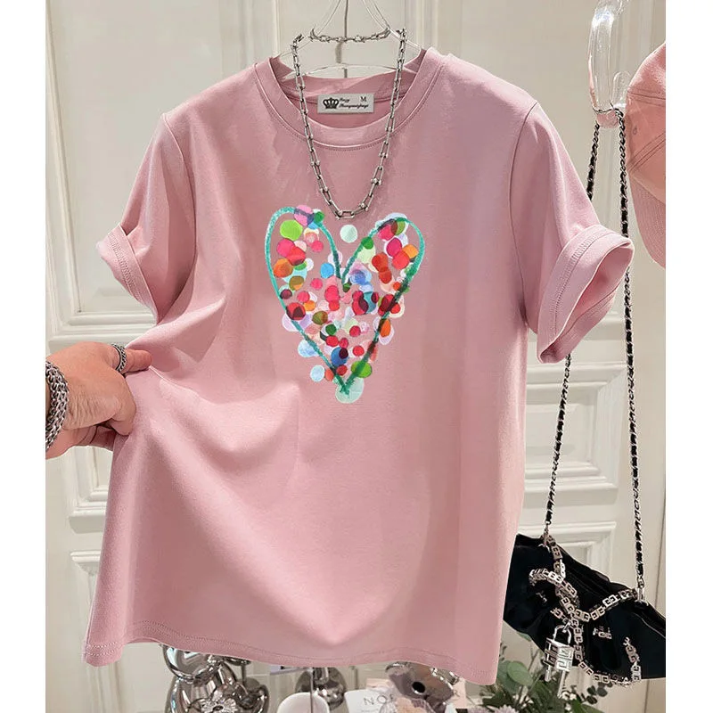 Summer Fashion Hand-Painted Polka Dot Printing T-shirts Women Pure Cotton O-neck Short Sleeve Top Tees Casual Loose Pullover