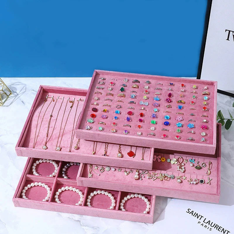 Élégant présentoir à bijoux en velours rose, plateau de présentation pour bagues, boucles d'oreilles, colliers, bracelets, montres, plateaux de rangement, accessoires de vitrine