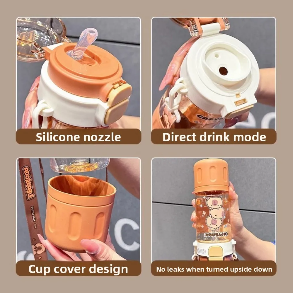 

Adjustable Shoulder Cartoon Water Bottle Portable 580ml Kapibala Sports Kettle Leak Proof with Straw Drink Bottle Children