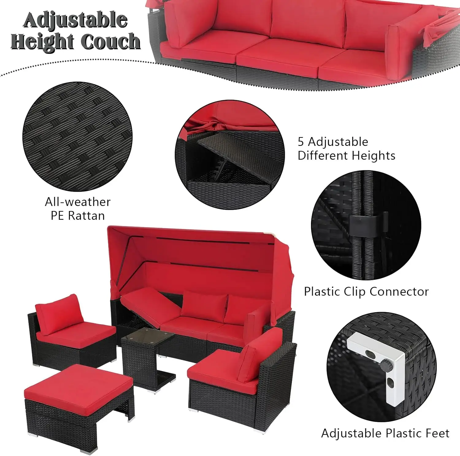 7 Pieces Patio Sets Daybed with Retractable Canopy,Rattan Sectional Sofa Set, Wicker Seating Chairs with Adjustable Backrest