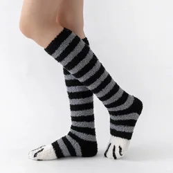 College Style Thicken Coral Fleece Cat Paw Calf Socks For Women Autumn Winter Warm Long Tube Socks Home Sleeping Floor Socks